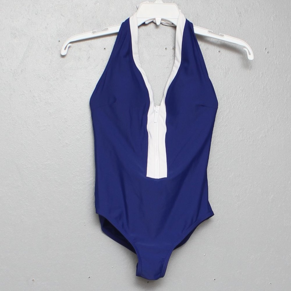 Michael Michael Kors blue and white zip front halter tie top one piece swim suit